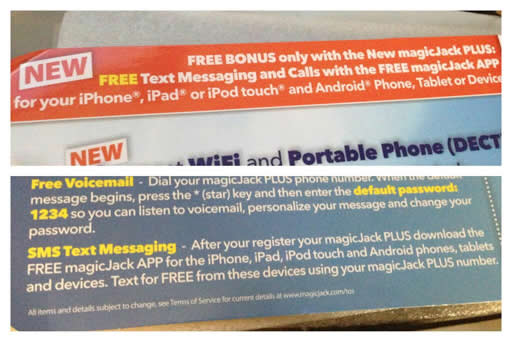 SMS advert on magicJack packaging -- thanks to user "Urkel"